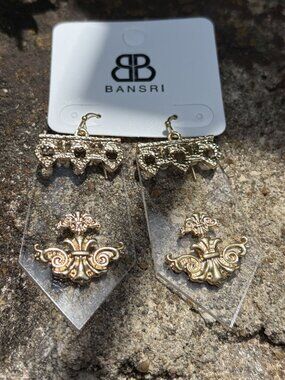 Bansri Gold Fleur De Lis Clear Acrylic Dangle Drop Earrings Statement Baroque NE